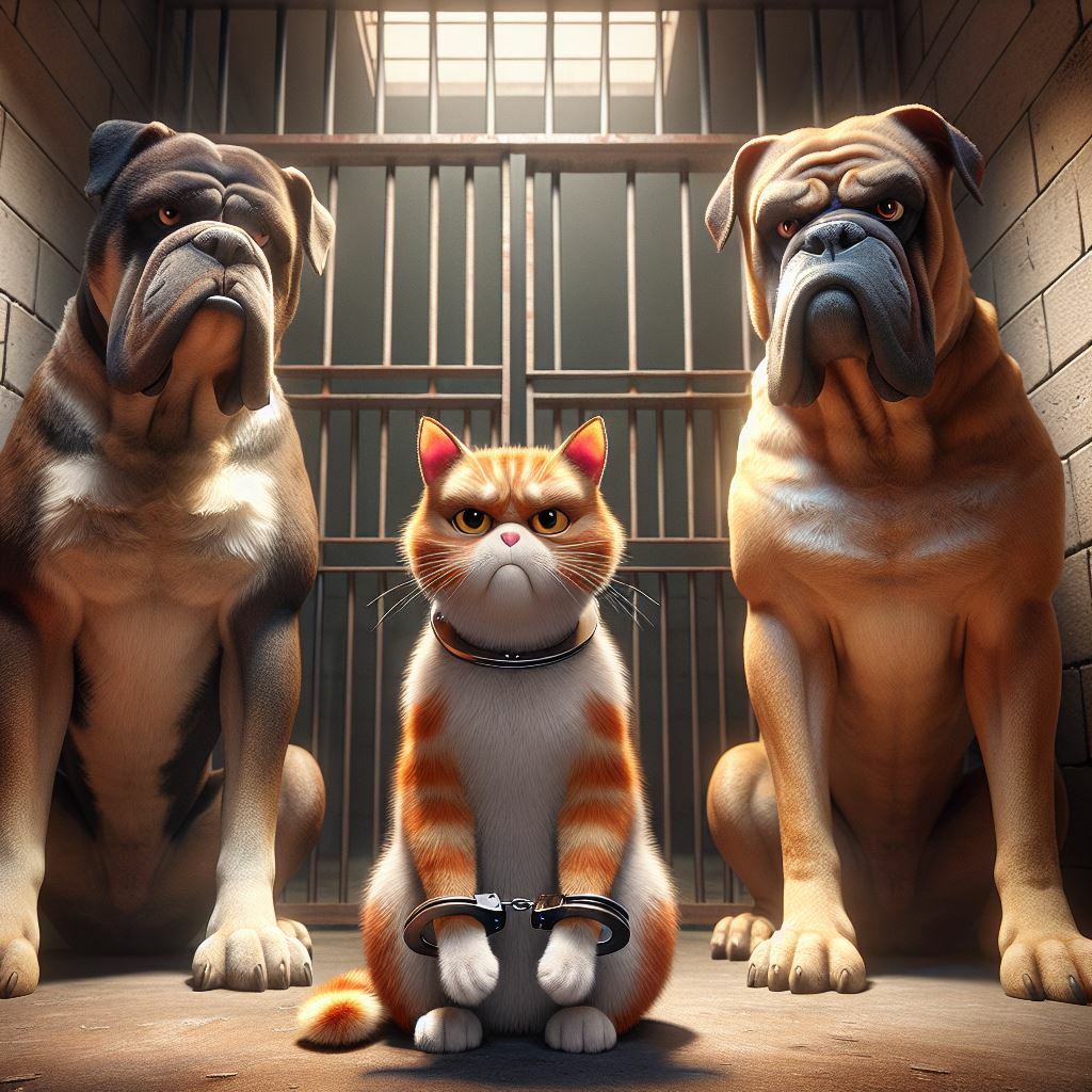Кот в наручниках и собаки в тюрьме